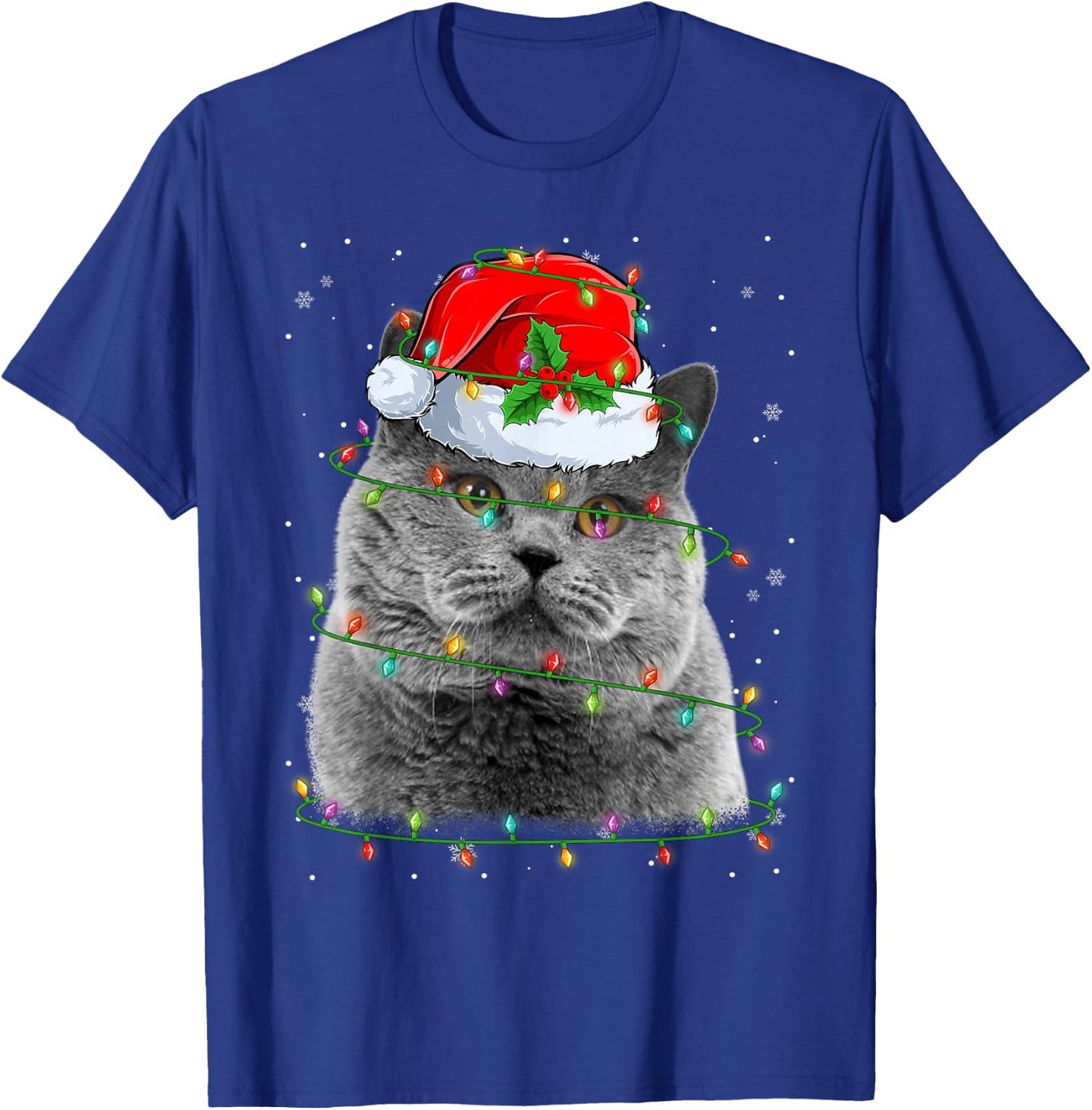 Funny British Shorthair Cat Santa Hat Christmas Tree Lights T-Shirt - T-Shirt | Royal