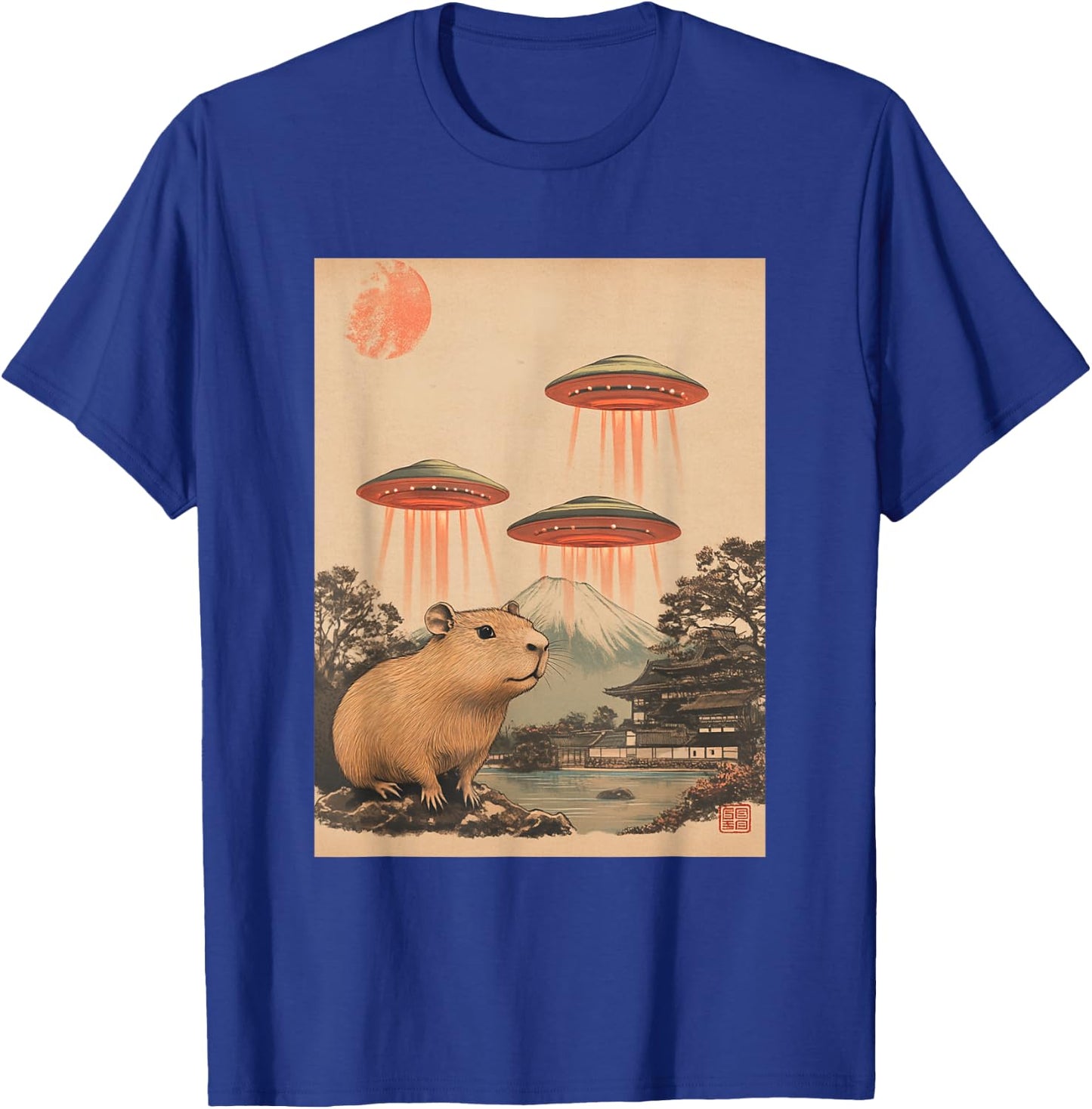 Vintage Japan Art Japanese Retro Print Capybara with UFOs T-Shirt - T-Shirt | Royal