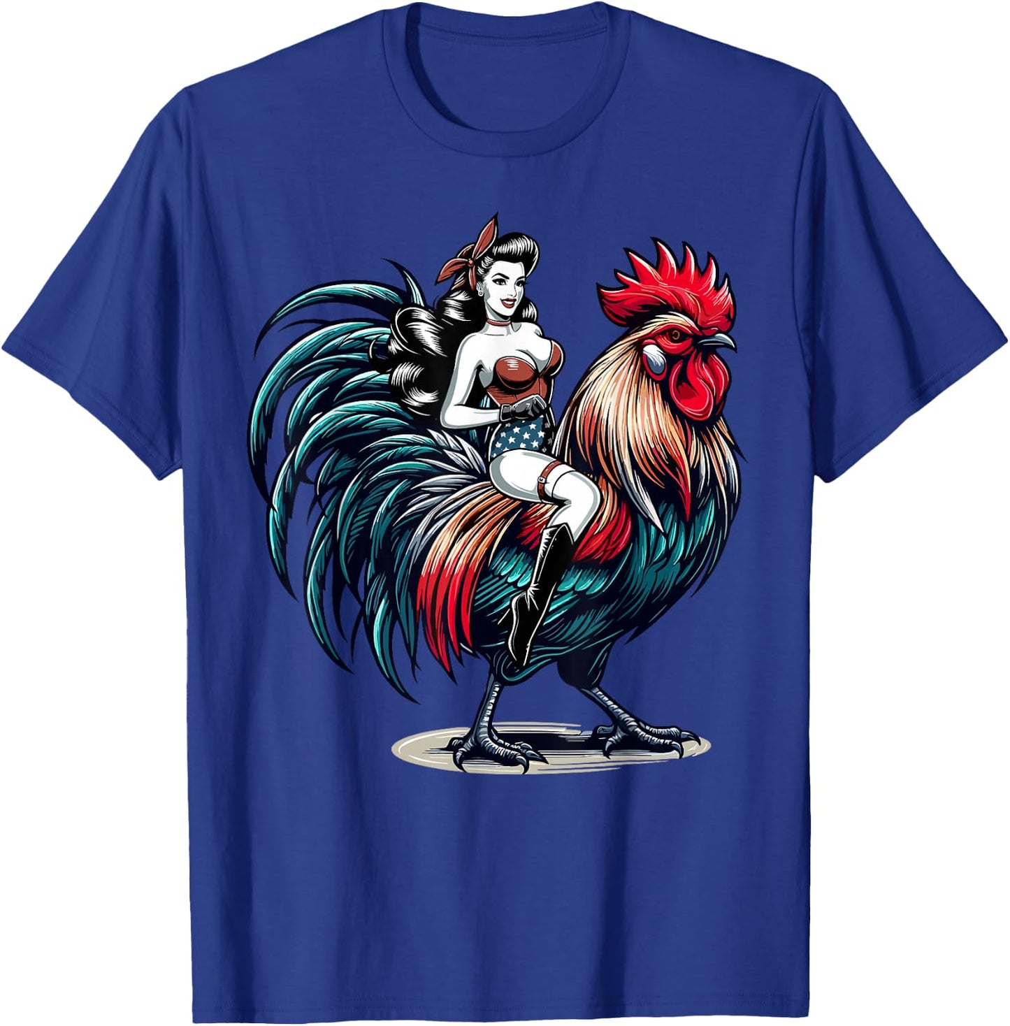 Pin-Up Girl Riding Rooster Vintage Patriotic T-Shirt - T-Shirt | Royal