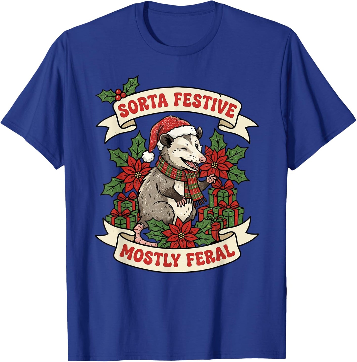 Sorta Festive Mostly Feral Opossum Funny Christmas Holiday T-Shirt - T-Shirt | Royal