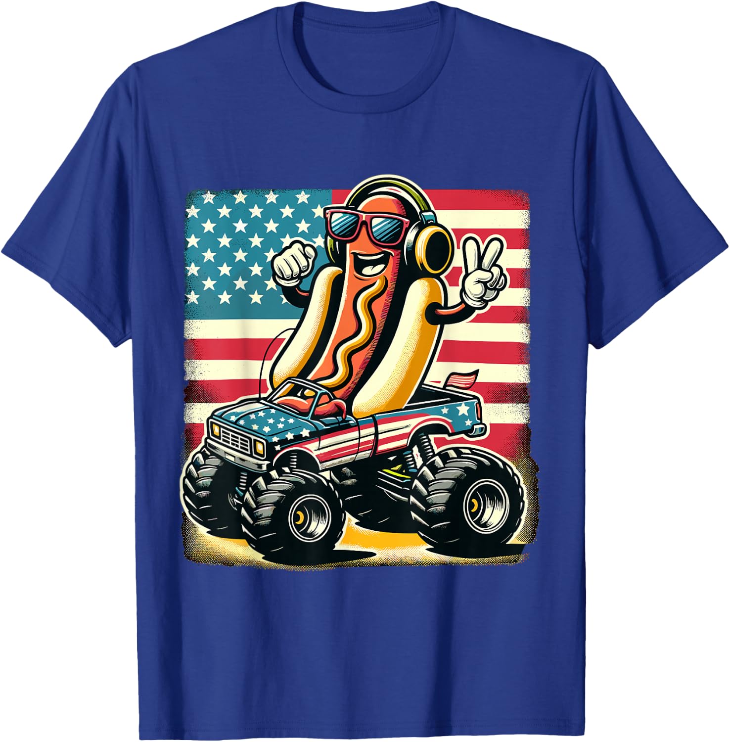Monster Truck 4th Of July Hotdog Peace Sign American Flag T-Shirt - T-Shirt | Royal