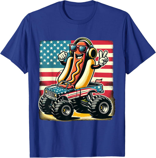 Monster Truck 4th Of July Hotdog Peace Sign American Flag T-Shirt - T-Shirt | Royal