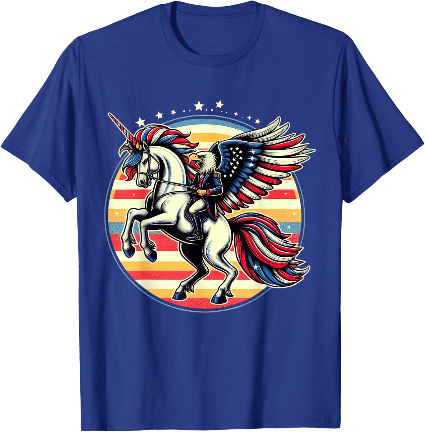 Bald Eagle Riding Unicorn 4th Of July American Flag Women Kids Men T-Shirt - T-Shirt | Royal