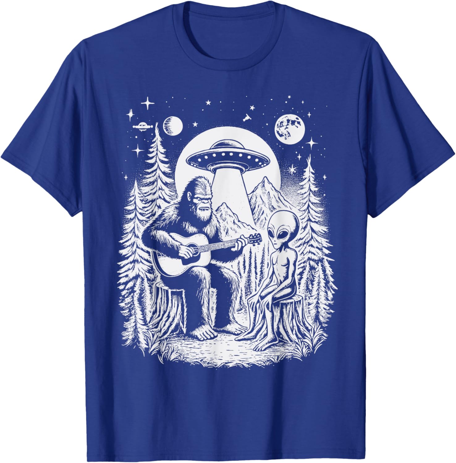 Bigfoot UFO Alien Around Campfire Nature Hiking Sasquatch T-Shirt - T-Shirt | Royal