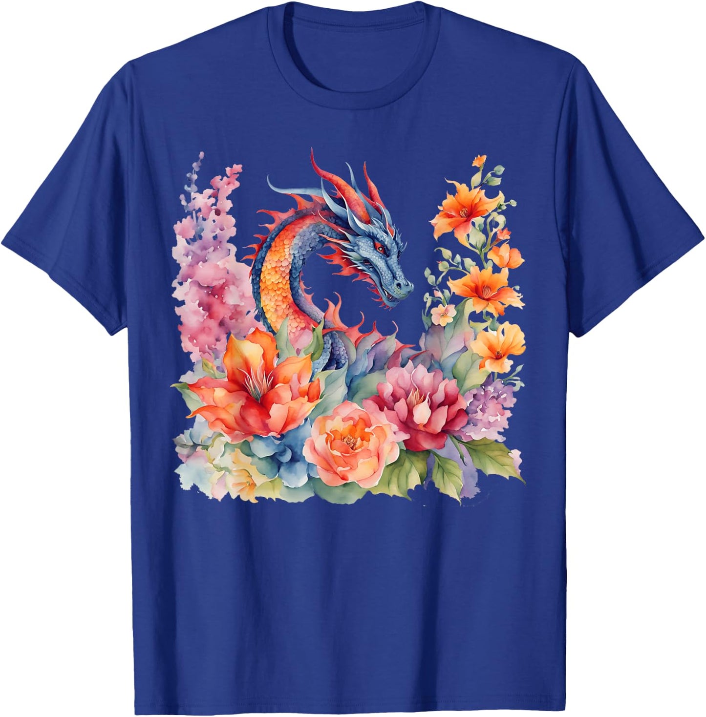 Watercolor Dragon Flowers Beautiful Art Colorful Graphic T-Shirt - T-Shirt | Royal