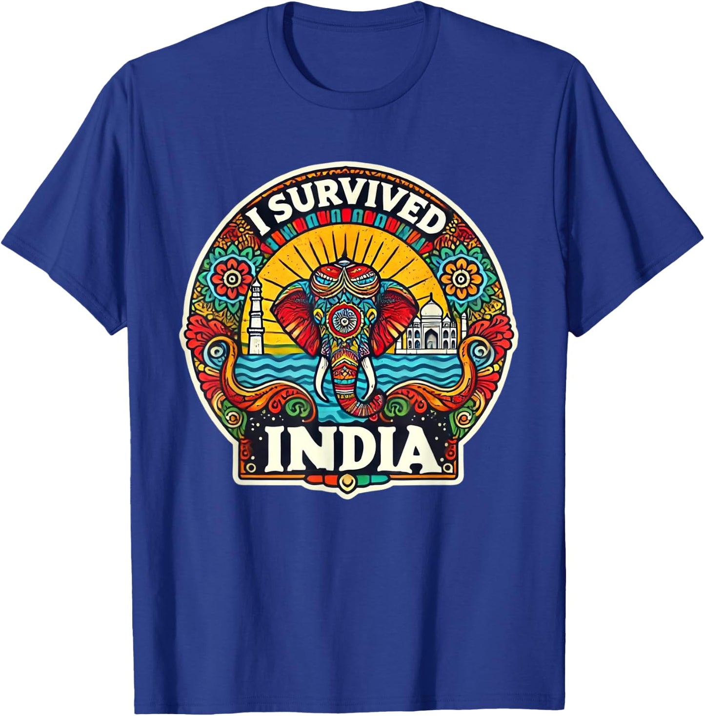 Vibrant 'I Survived India' Design with Elephant and Landmark T-Shirt - T-Shirt | Royal