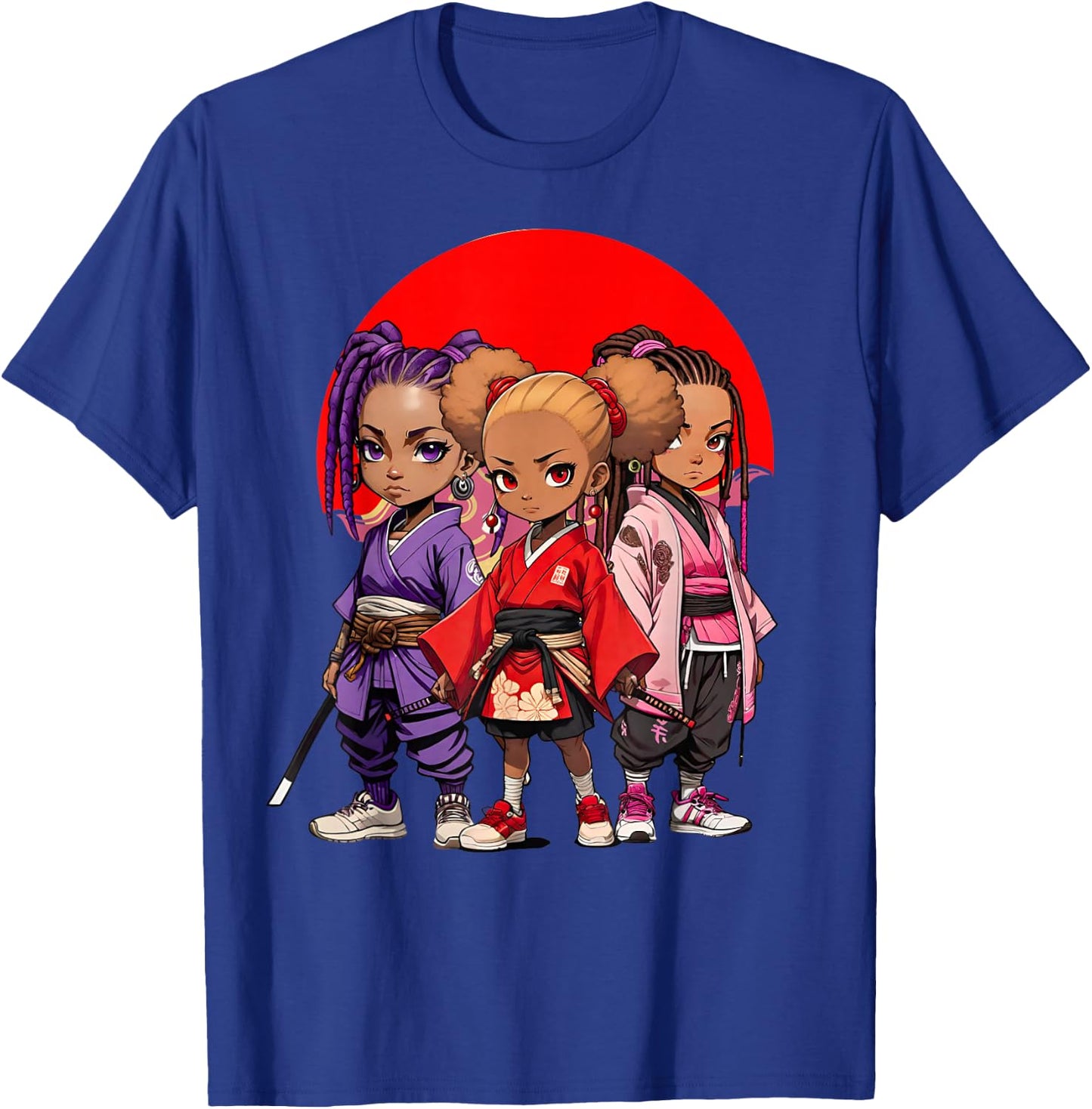Samurai Girls Anime Afro | Japanese Retro Style Natural Hair T-Shirt - T-Shirt | Royal