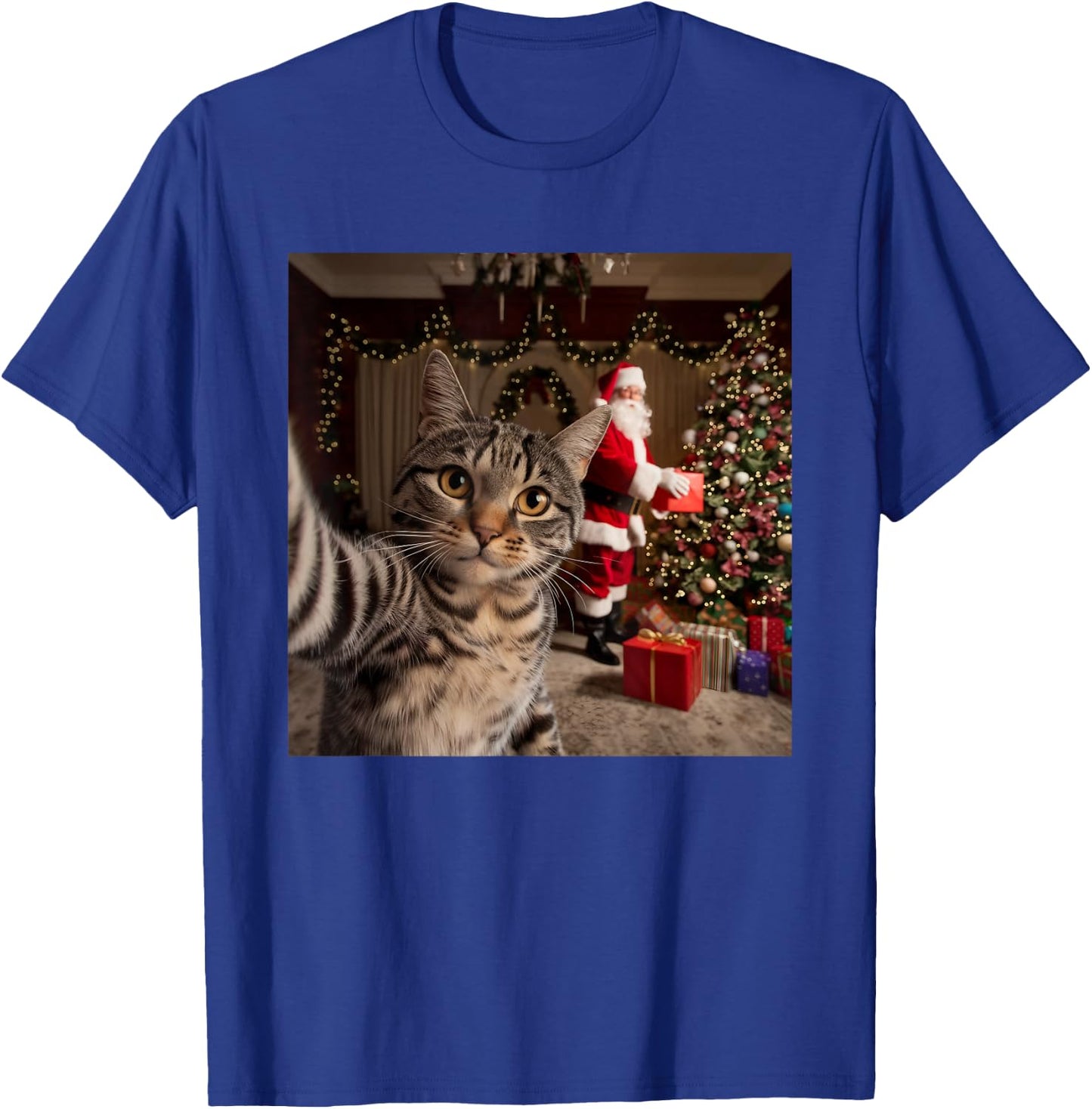 Christmas Cat Selfie with Santa Claus Cute Holiday Photo T-Shirt - T-Shirt | Royal