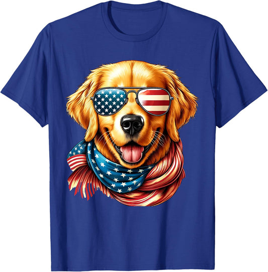 Golden Retriever Dog American Flag Sunglasses 4th of July T-Shirt - T-Shirt | Royal