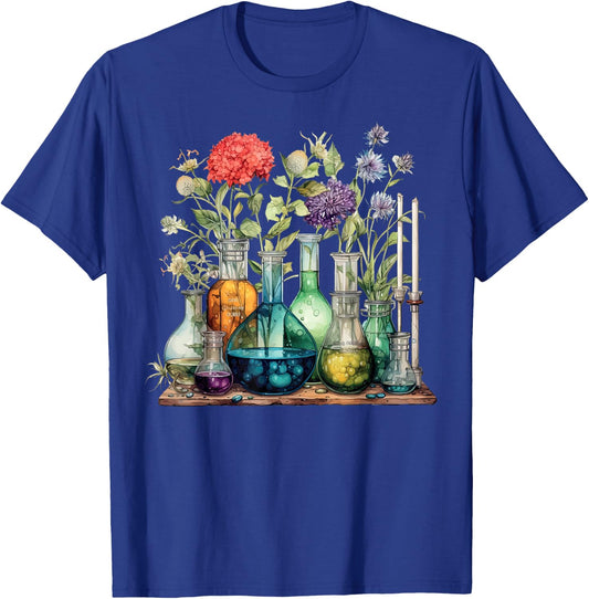 Laboratory Floral Beakers Medical Lab Technician Chemist T-Shirt - T-Shirt | Royal