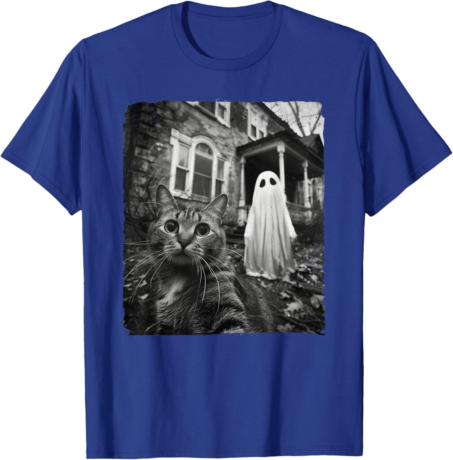 Funny Cat Selfie Ghost Halloween House Photo Haunted Spooky Women Kids T-Shirt - T-Shirt | Royal