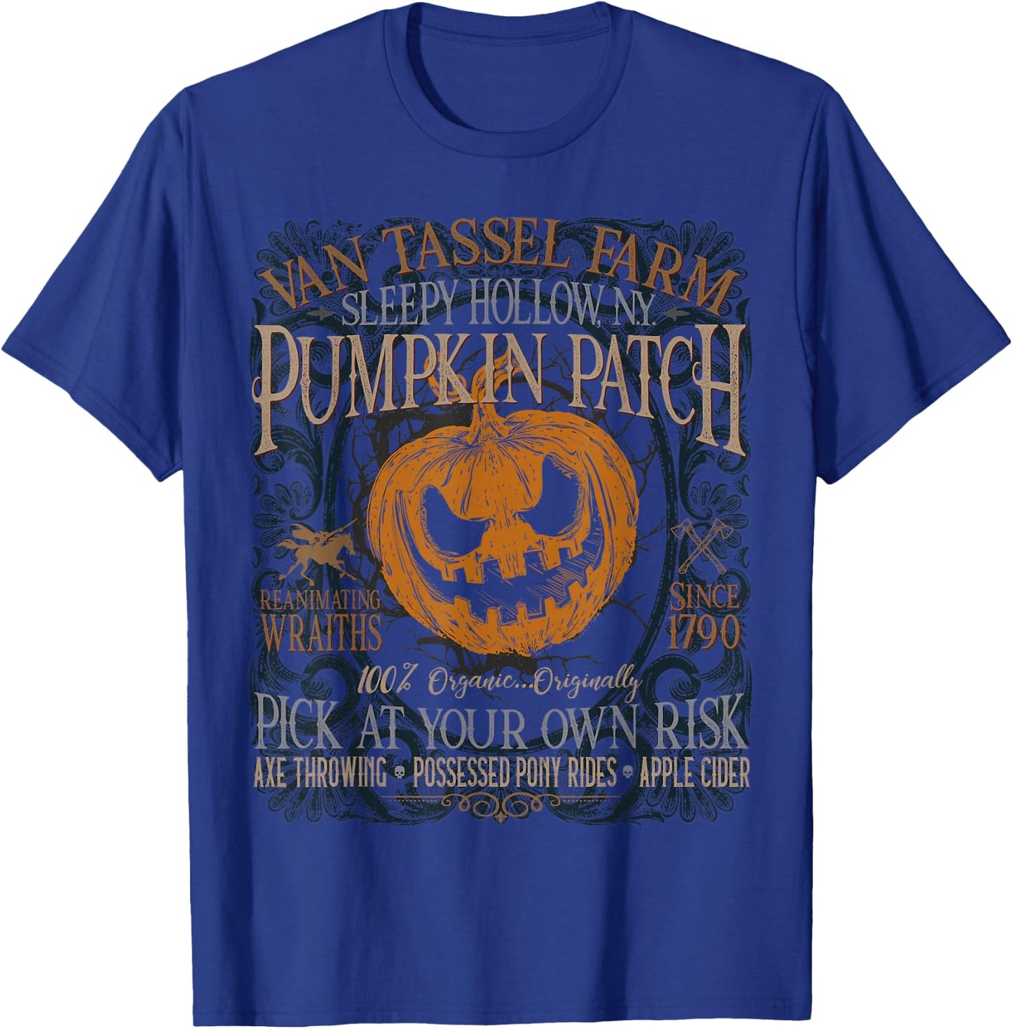 Sleepy Hollow Pumpkin Picking Farm Funny Halloween T-Shirt - T-Shirt | Royal