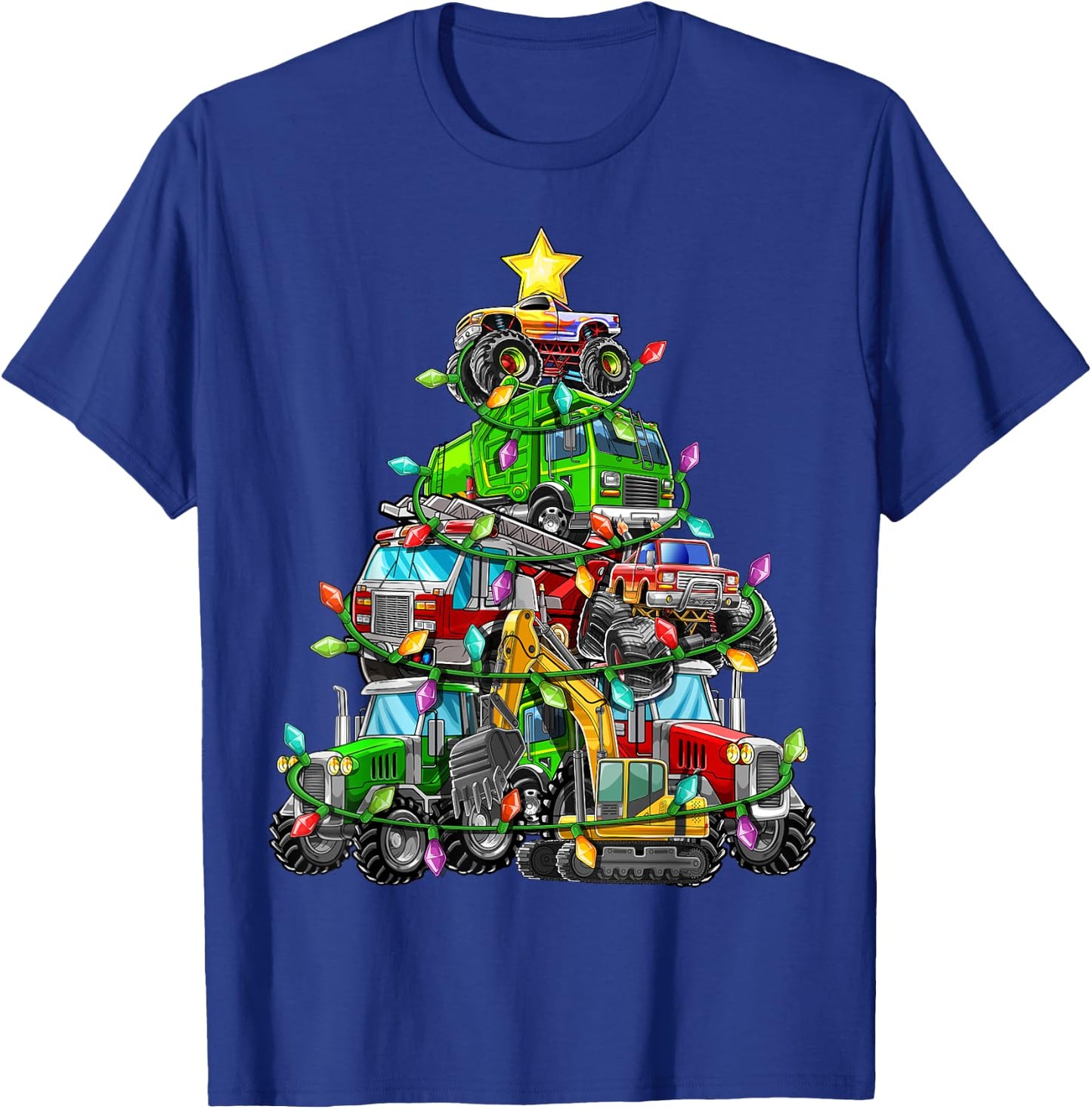 Christmas Tree Monster Truck Tractor Excavator Firetruck Boy T-Shirt - T-Shirt | Royal