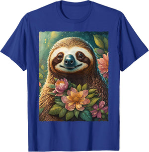 Cute Floral Sloth Watercolor Flowers Nature Animal Lover T-Shirt - T-Shirt | Royal