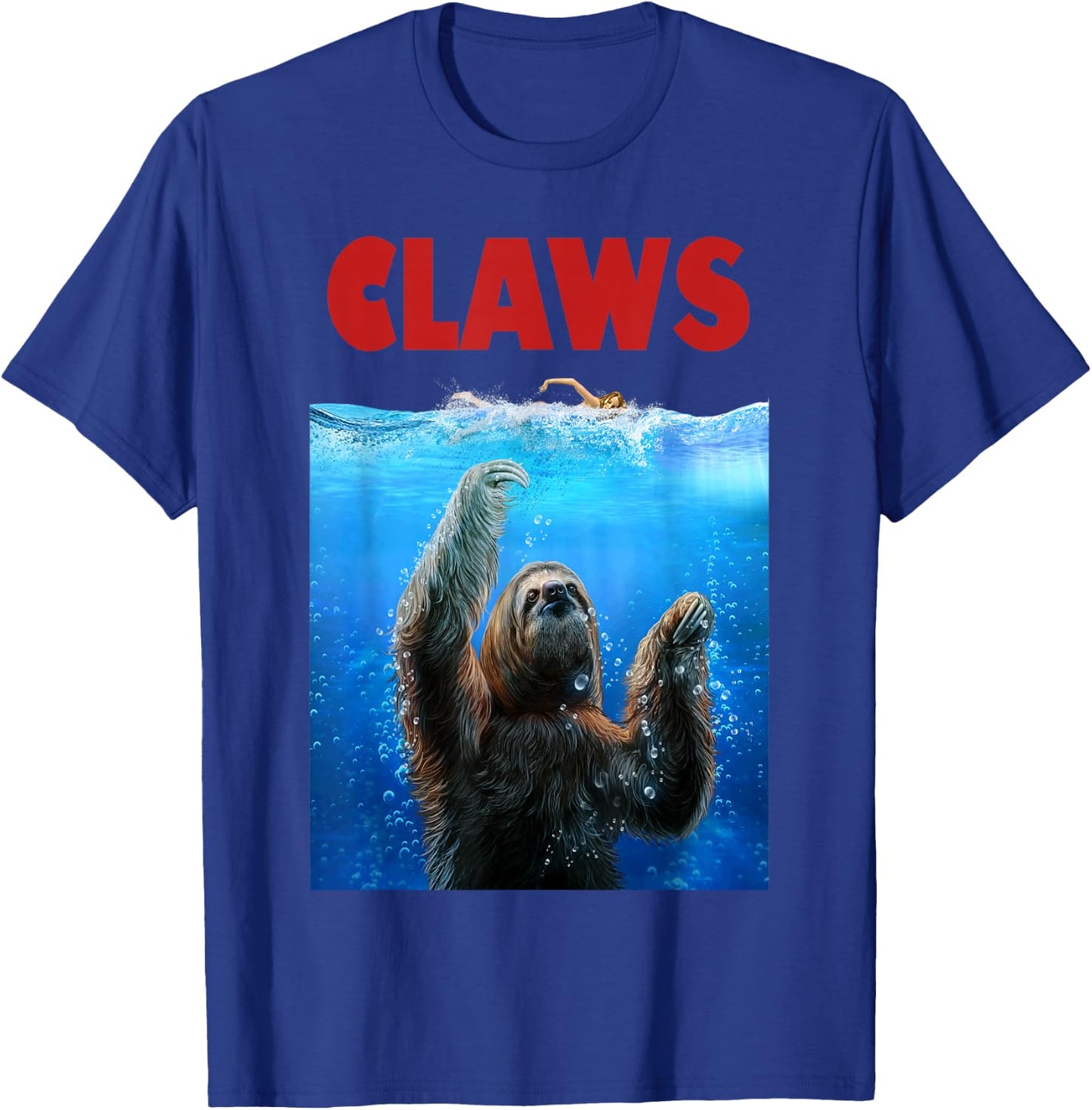 Giant Sloth Terrorizing Swimmer, Beware of Claws T-Shirt - T-Shirt | Royal