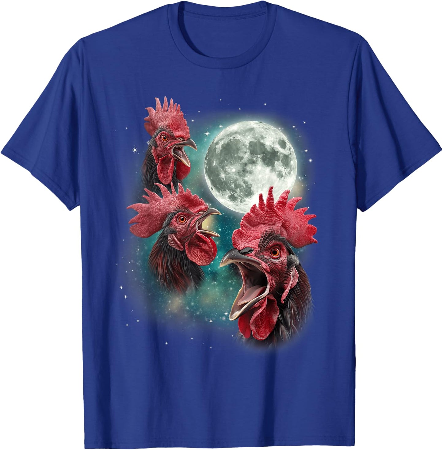 Three Rooster Moon | 3 Chickens Cluck At Moon Cursed Farm T-Shirt - T-Shirt | Royal