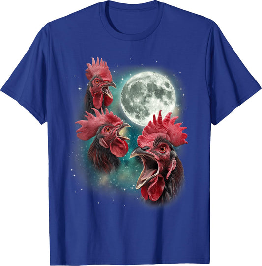 Three Rooster Moon | 3 Chickens Cluck At Moon Cursed Farm T-Shirt - T-Shirt | Royal