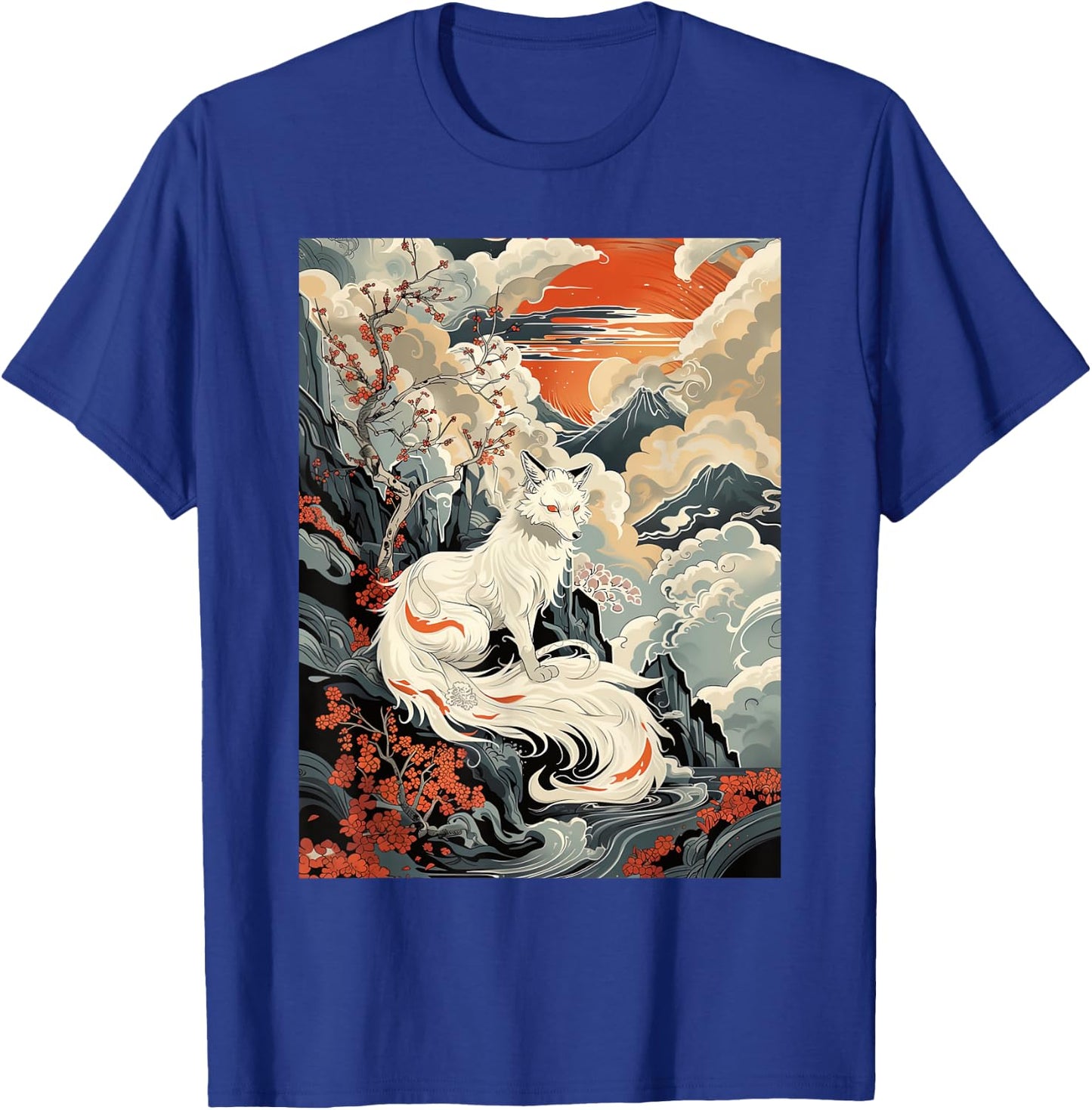 Vintage Japanese Woodblock Art Of Nine Tails Fox Kitsune Art T-Shirt - T-Shirt | Royal