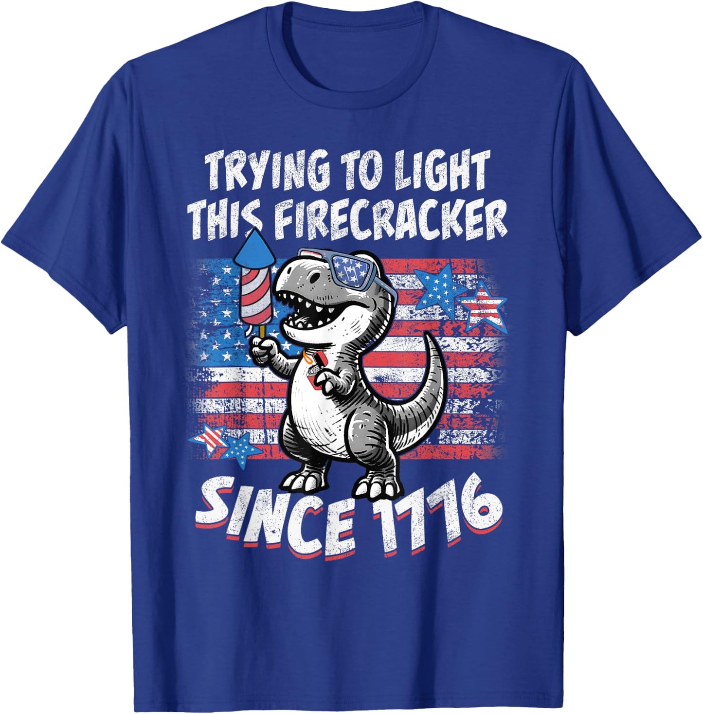 Funny Dino American Flag Firework T Rex Dinosaur 4th of July T-Shirt - T-Shirt | Royal