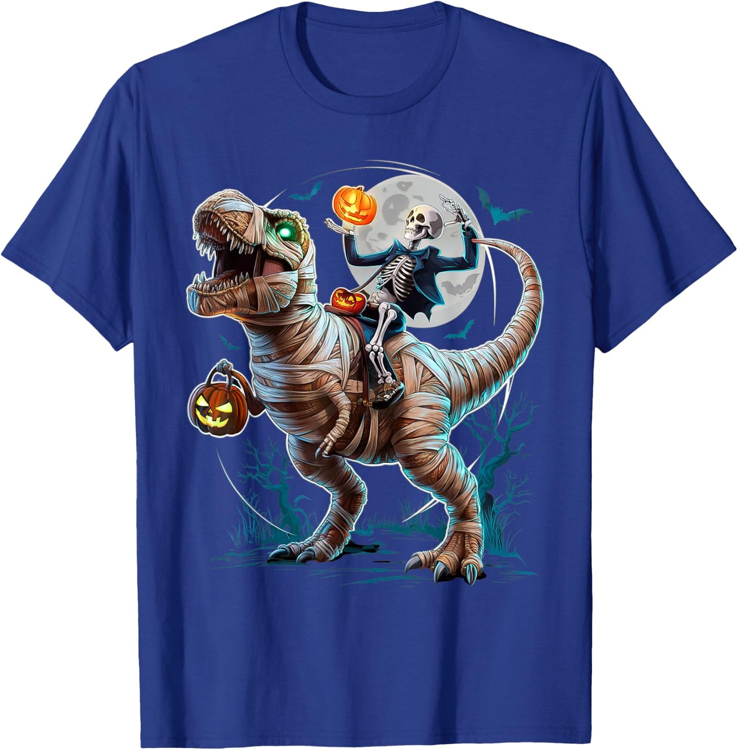 Skeleton Riding Mummy Pumpkin T Rex Dinosaur Funny Halloween T-Shirt - T-Shirt | Royal