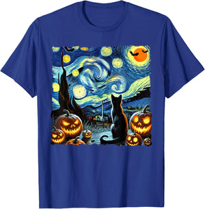 Halloween Van Gogh Starry Night Black Cat Men Women Kids T-Shirt - T-Shirt | Royal