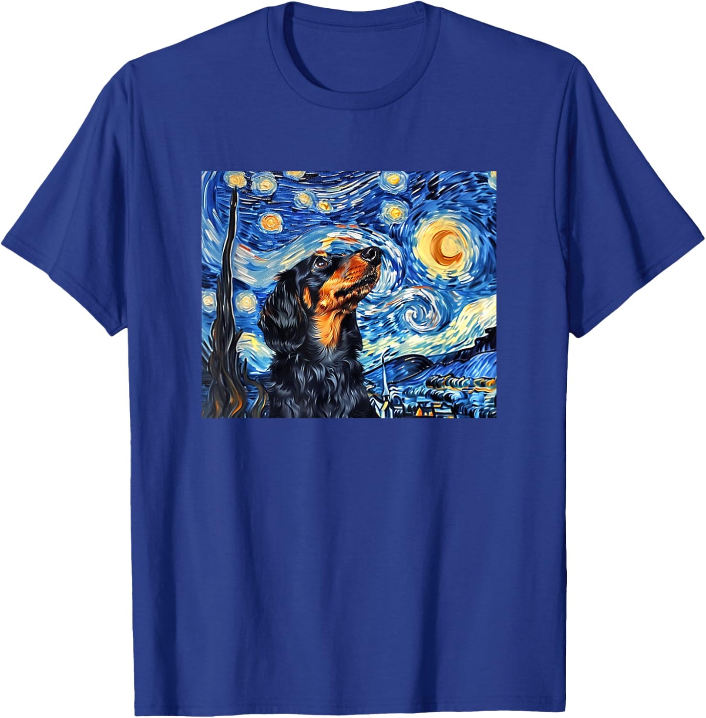 Funny Starry Night Black Long Haired Dachshund Lover T-Shirt - T-Shirt | Royal