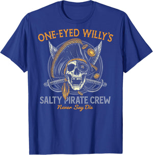 One Eyed Willy's Salty Pirate Crew (on Back) T-Shirt - T-Shirt | Royal