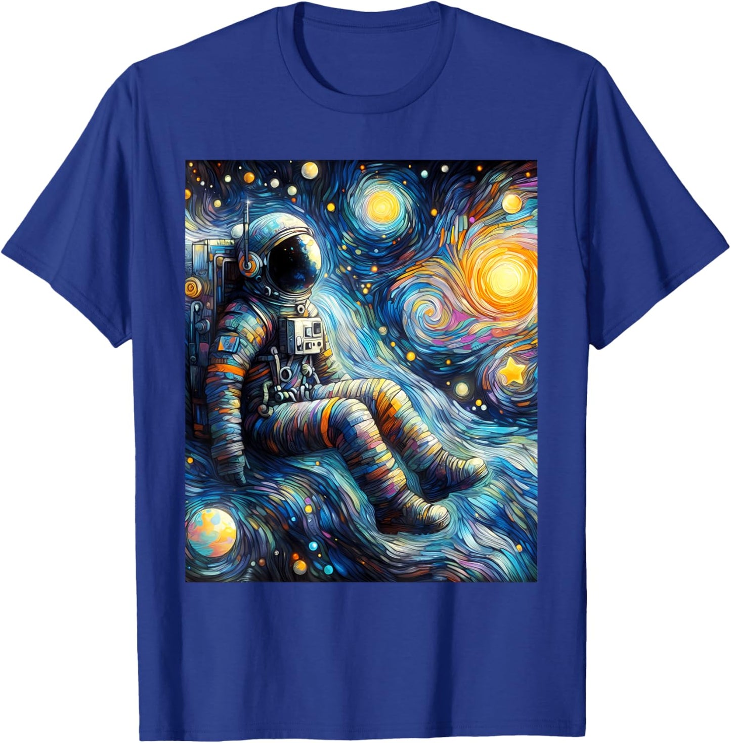 Astronaut Space Planets Starry Night Painting T-Shirt - T-Shirt | Royal