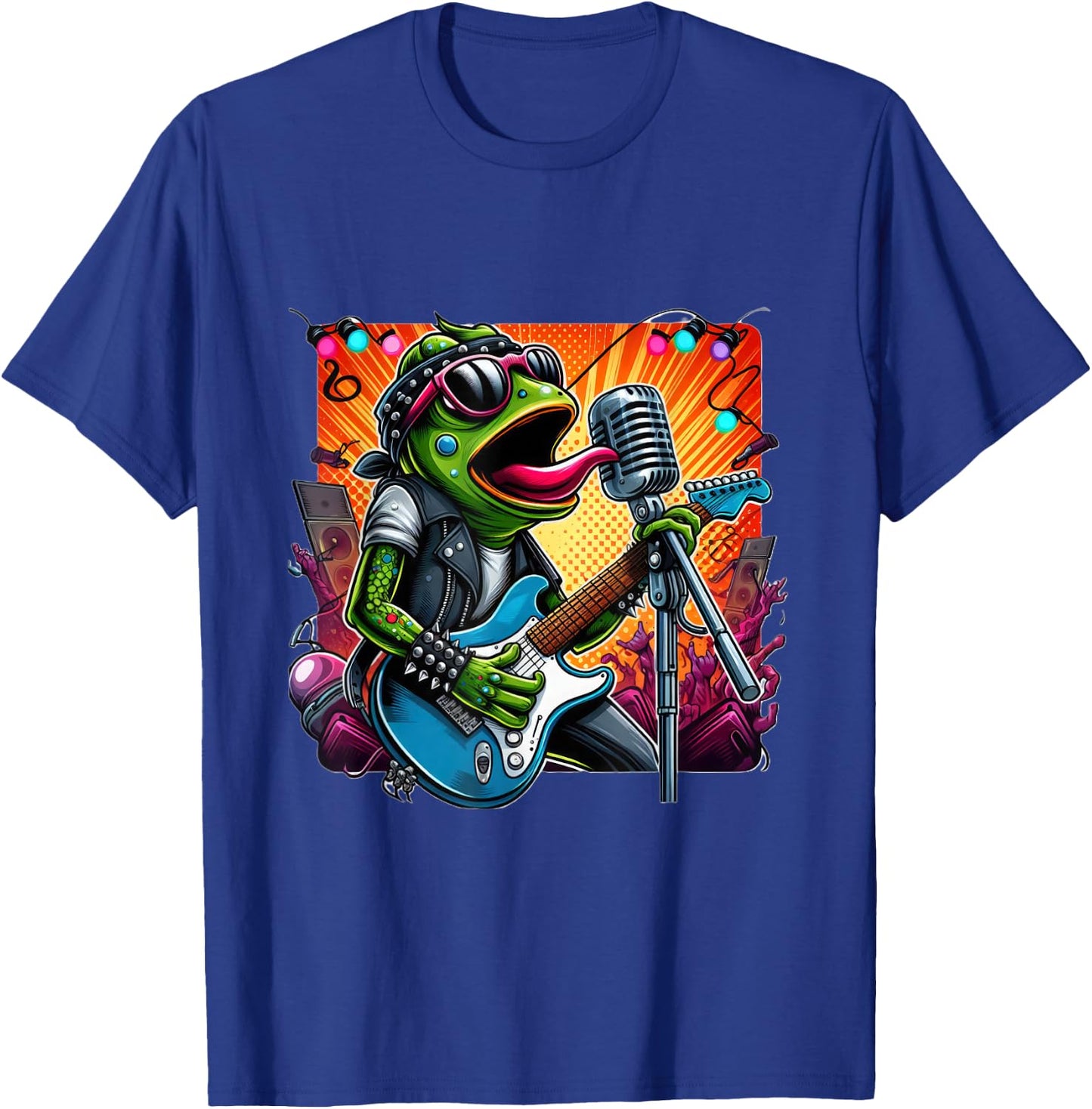 Punk Rock Star Frog Shredding Electric Guitar Vibrant Lights T-Shirt - T-Shirt | Royal