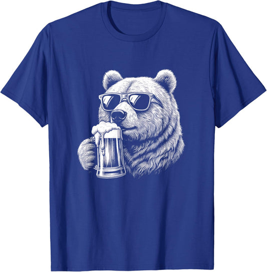 Bear Drinking Beer With Sunglasses Graphic Art Design T-Shirt - T-Shirt | Royal
