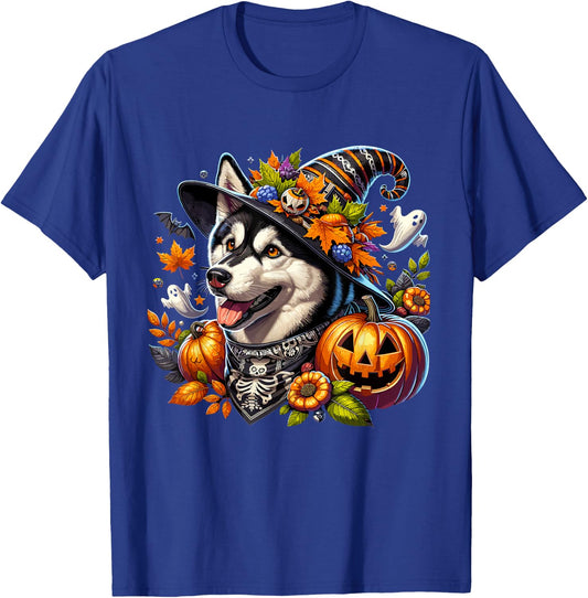 Halloween Siberian Husky Fall Leaves Autumn Pumpkin Ghost T-Shirt - T-Shirt | Royal