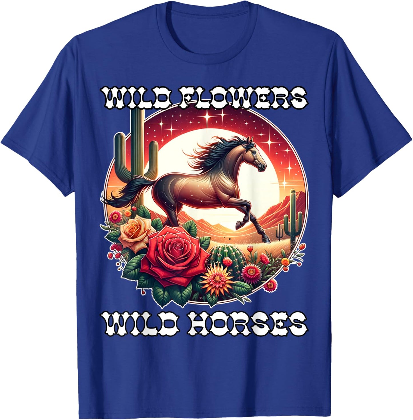 Wild Flowers and Wild Horses Vintage Sunset Country Cowgirl T-Shirt - T-Shirt | Royal