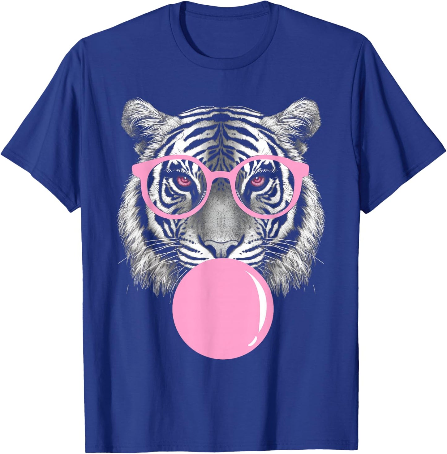 Funny Tiger Wearing Glasses and Blowing Pink Bubble Gum T-Shirt - T-Shirt | Royal