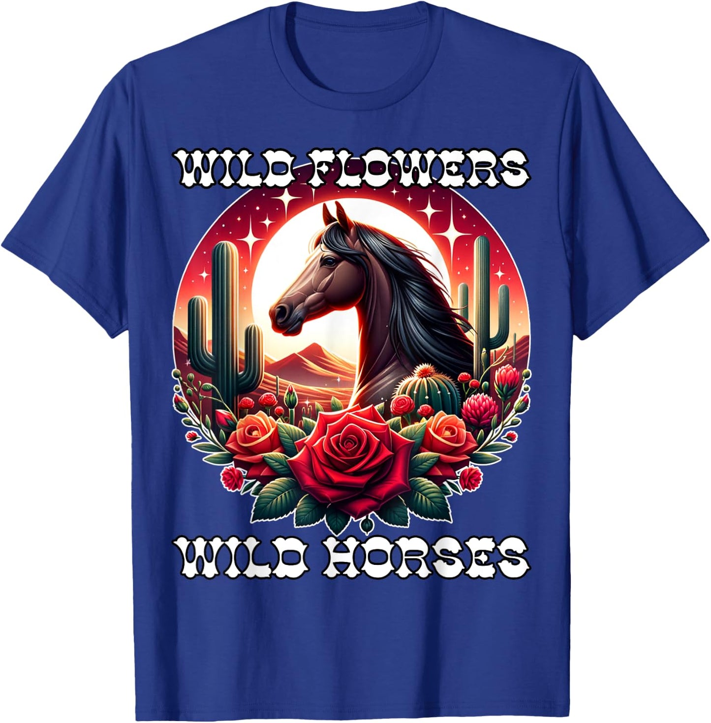 Wild Flowers and Wild Horses Vintage Sunset Country Cowgirl T-Shirt - T-Shirt | Royal