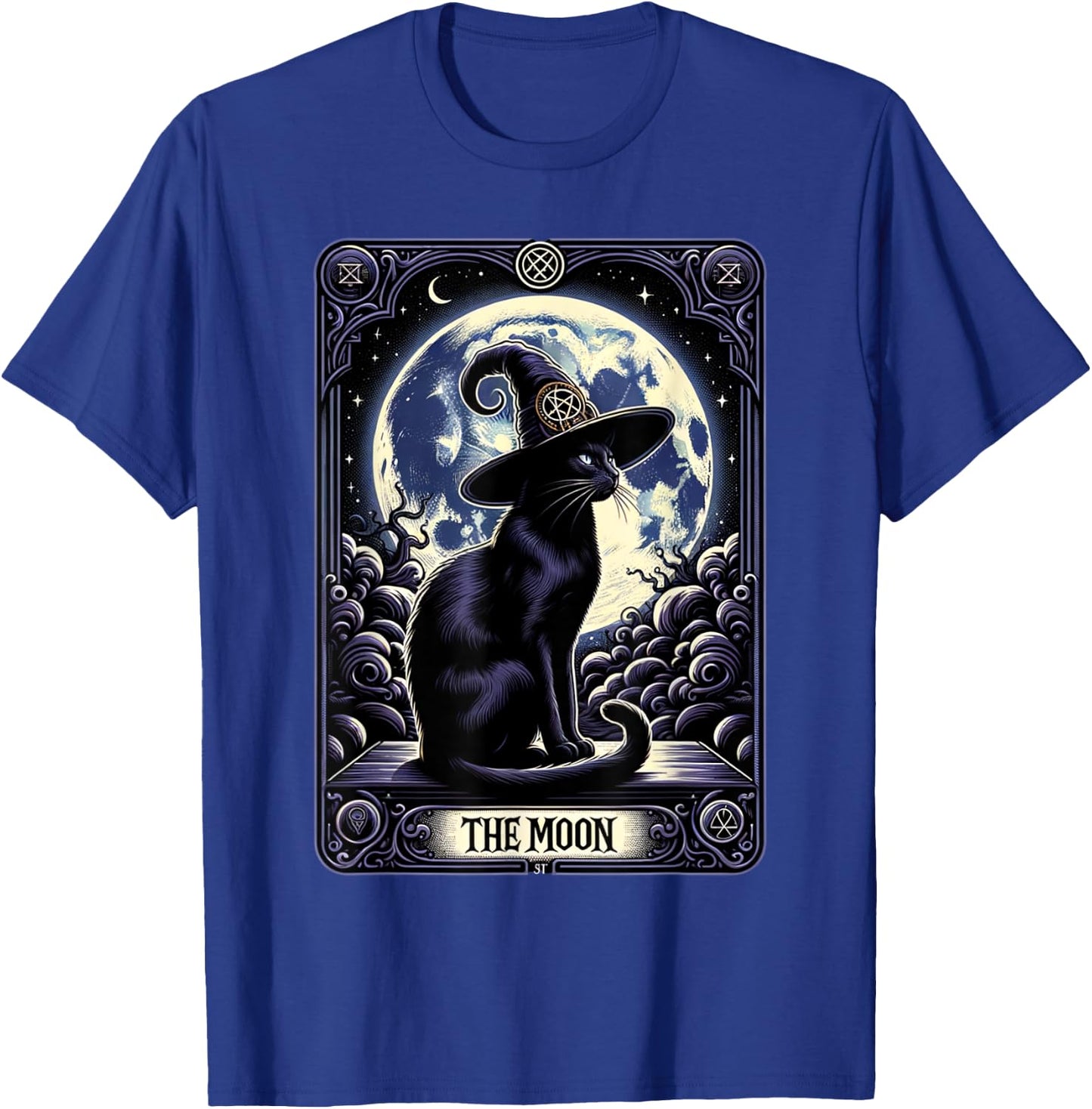 Vintage Tarot Card Style Crescent Moon & Witch Hat Black Cat Men Women T-Shirt - T-Shirt | Royal