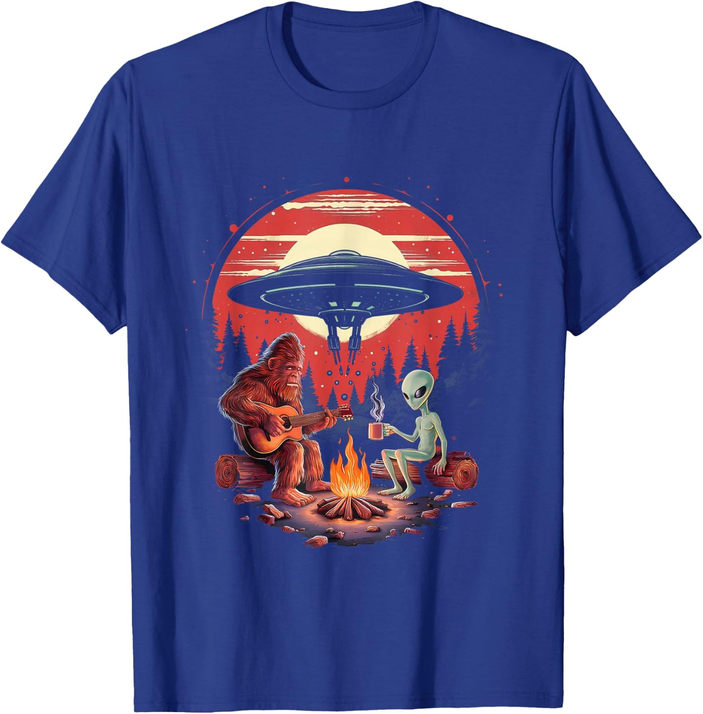 Alien And Bigfoot Campfire Sasquatch UFO For Outdoor Lovers T-Shirt - T-Shirt | Royal