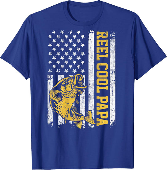 USA Flag Reel Cool Papa Patriotic Fishing Design On Back Women Men T-Shirt - T-Shirt | Royal