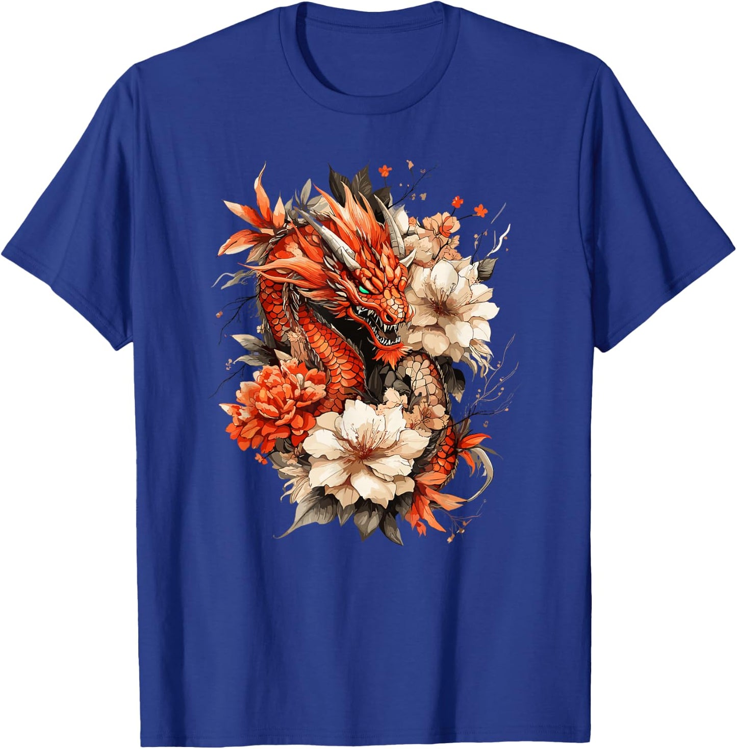 Crimson Serpent and Peony Bloom Asian Myth Motif T-Shirt - T-Shirt | Royal