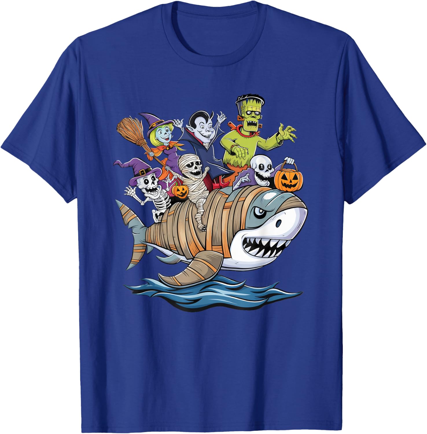 Skeleton Zombie Riding Mummy Shark Funny Halloween Pumpkin T-Shirt - T-Shirt | Royal