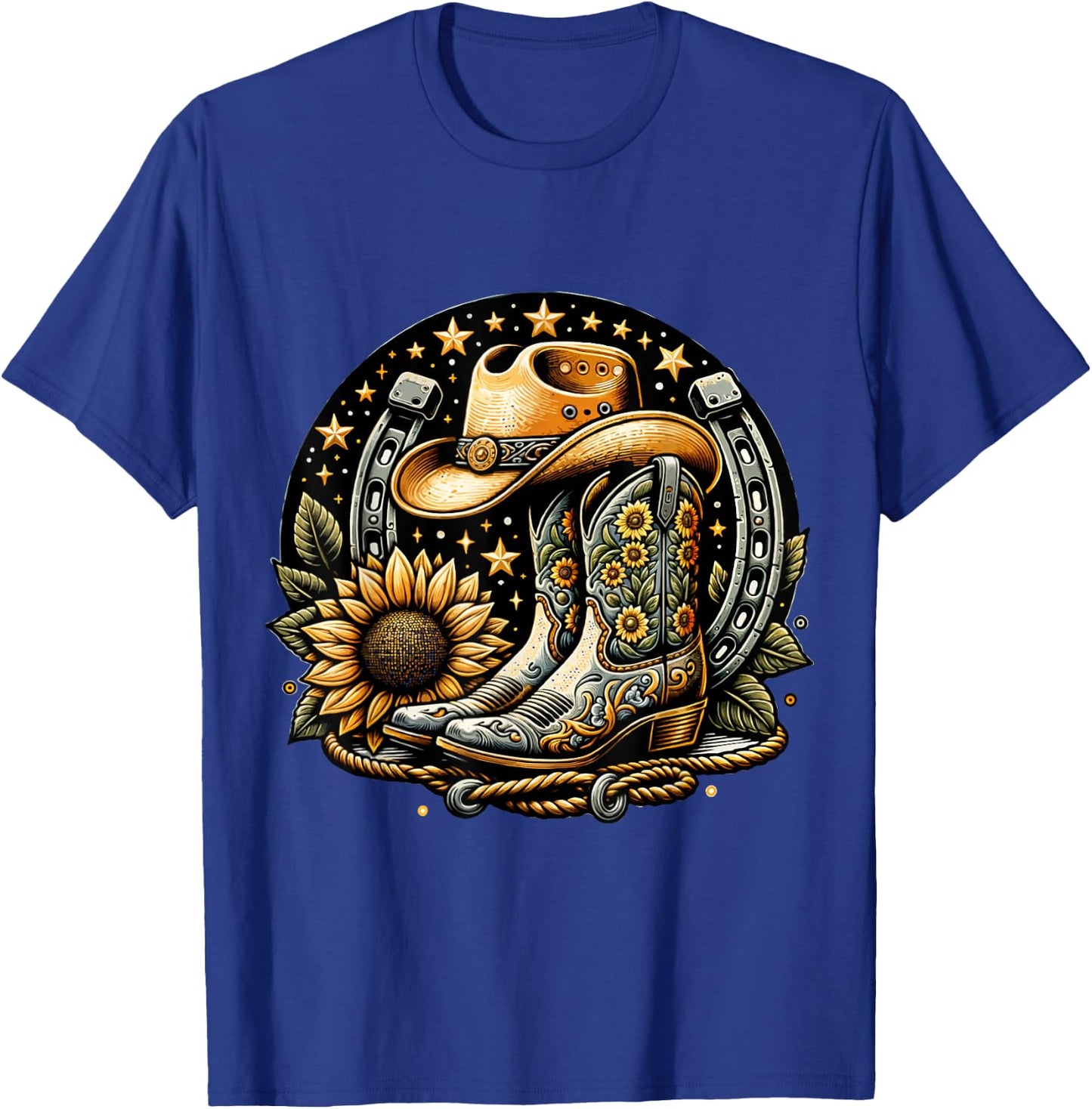 Vintage Cowboy Boot Horseshoe SunflowerRetro western Cowgirl T-Shirt - T-Shirt | Royal