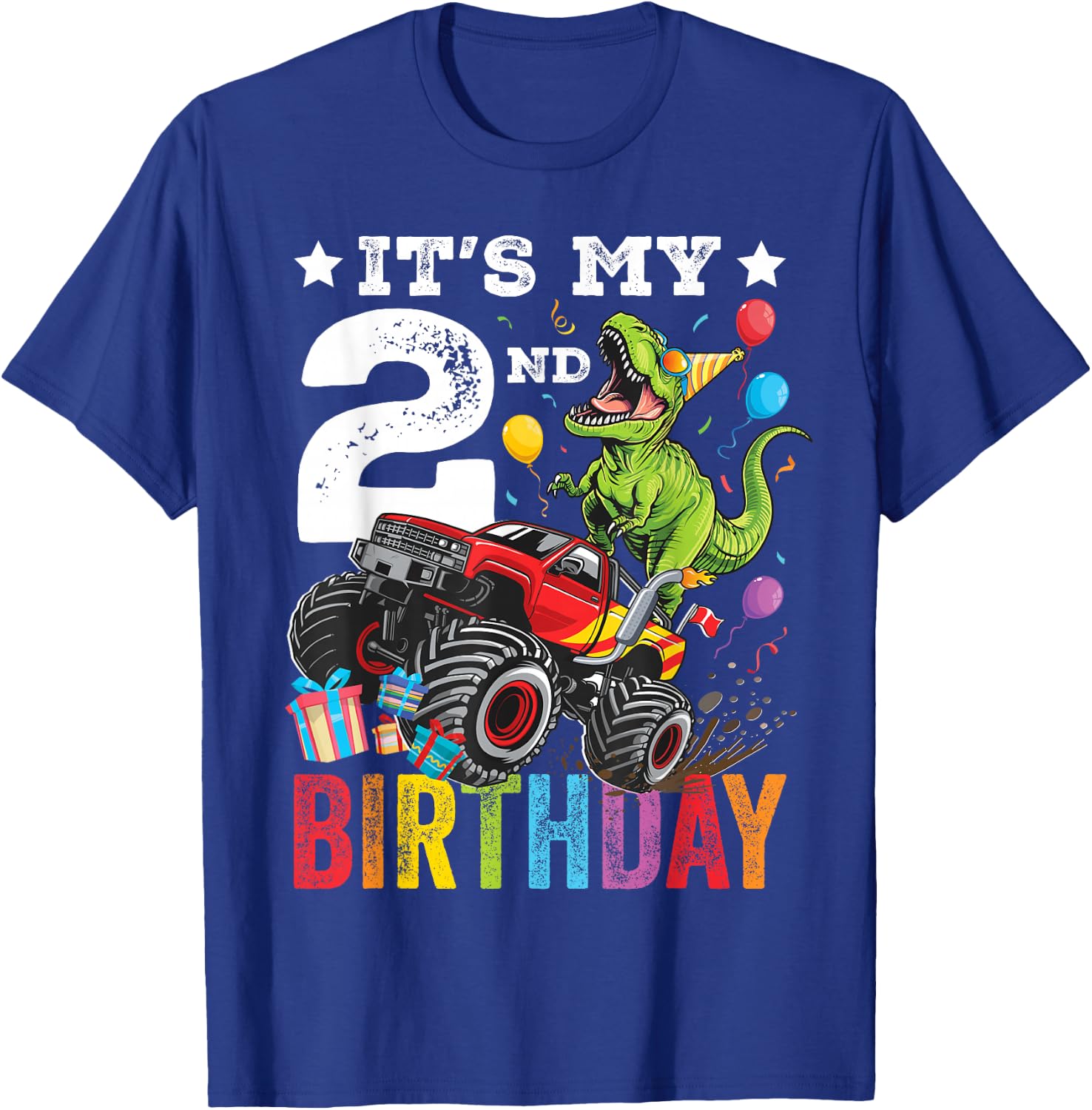 Two 2nd Birthday Dinosaur Monster Truck T-Shirt - T-Shirt | Royal
