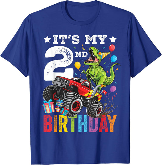 Two 2nd Birthday Dinosaur Monster Truck T-Shirt - T-Shirt | Royal