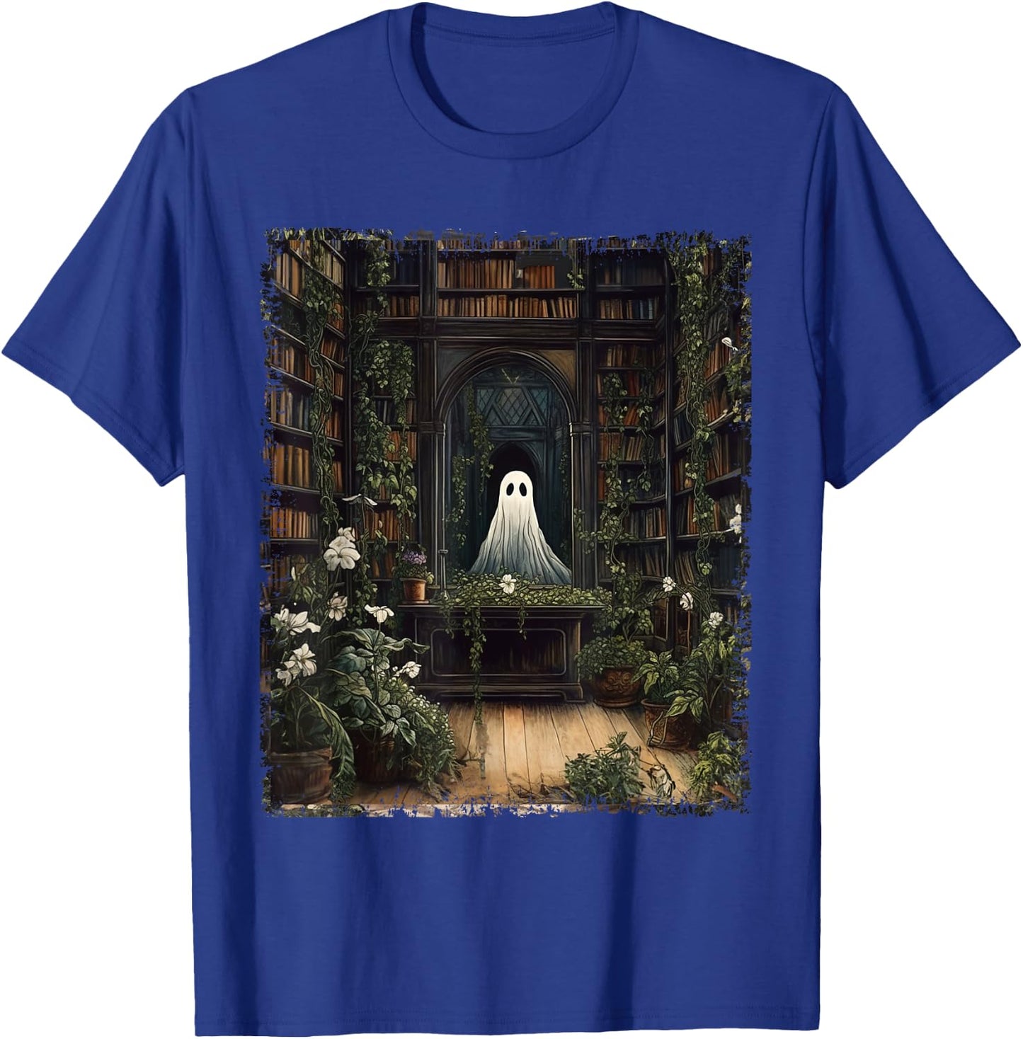 Vintage Halloween Spooky Ghost In The Library Gothic T-Shirt - T-Shirt | Royal