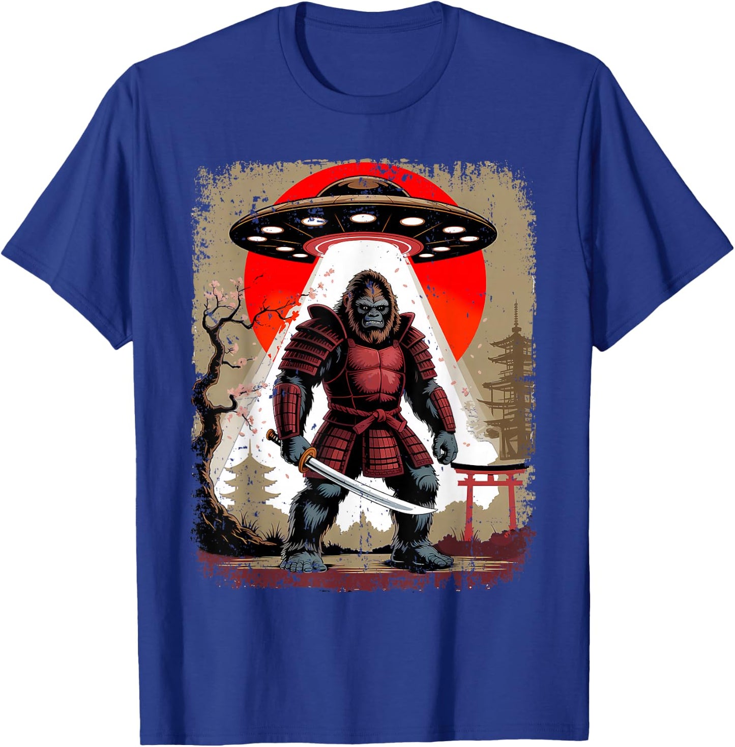 Japanese Samurai Bigfoot UFO Katana Vintage Graphic T-Shirt - T-Shirt | Royal
