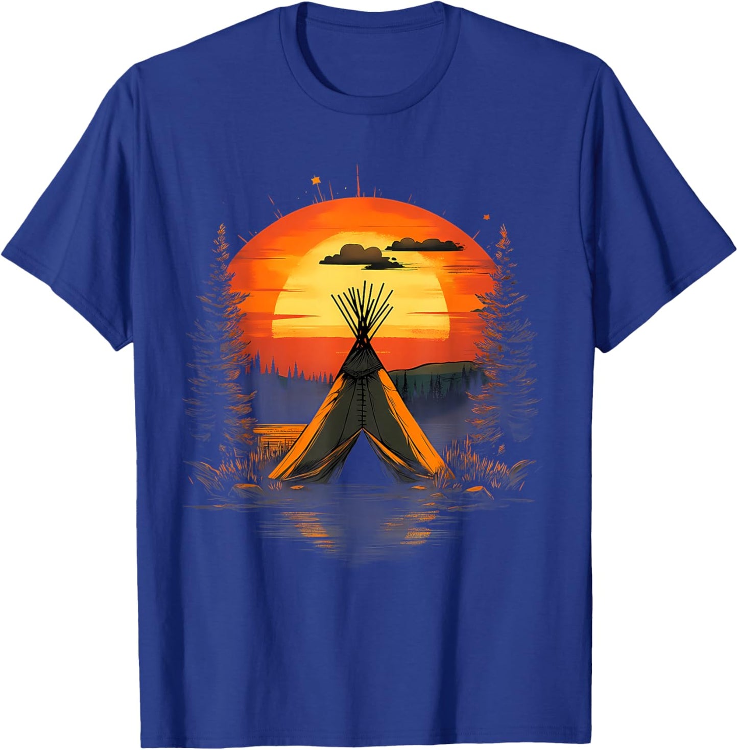 Native American Indian Tribe Landscape Sunset Tipi Tent T-Shirt - T-Shirt | Royal