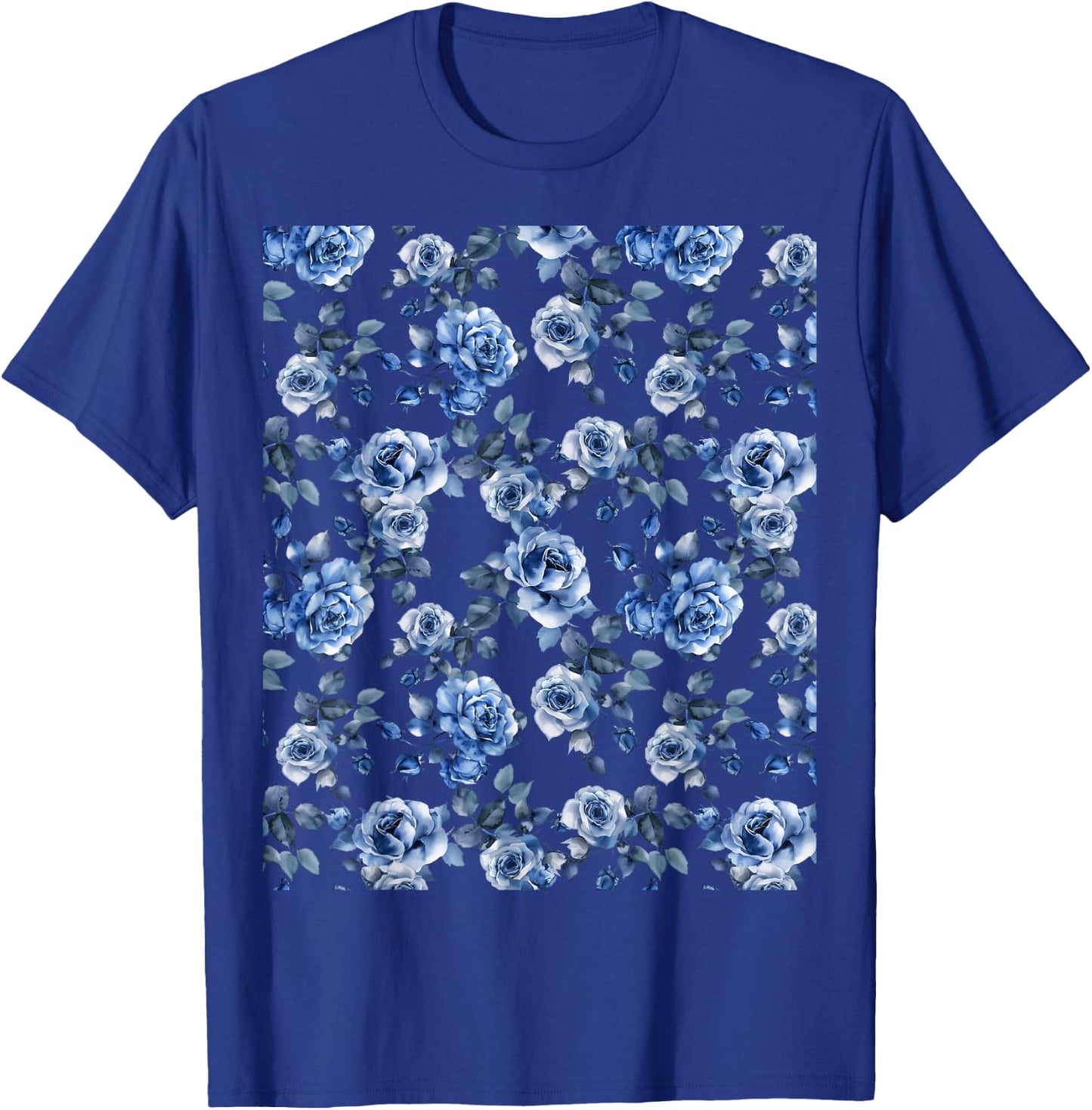 Blue and White Rose Flower Design T-Shirt - T-Shirt | Royal