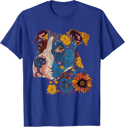 Pitbull Floral Dog Lover Vintage Flower Art Pitbull Mom Dad T-Shirt - T-Shirt | Royal