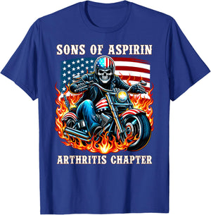 Sons of Aspirin Arthritis Chapter Biker riding a Motorcycle T-Shirt - T-Shirt | Royal
