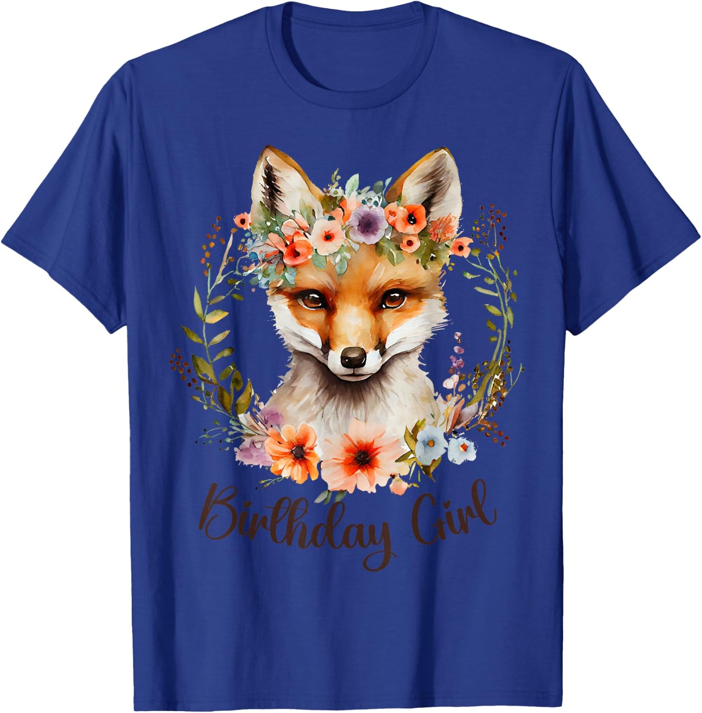 Cute Fox with flowers and words "Birthday Girl" Women Girls T-Shirt - T-Shirt | Royal