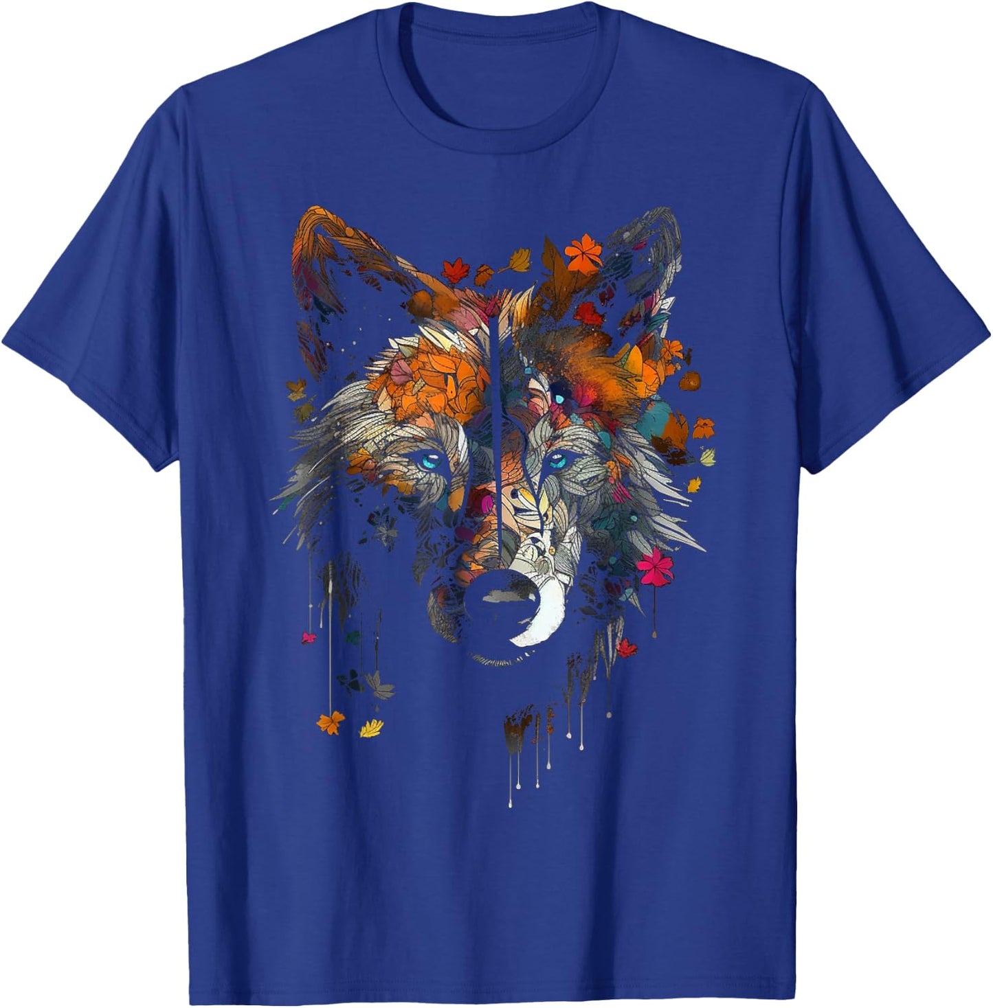 Wolf Autumn Leaves - Blue Eyes - Animal Art Motif Wolf T-Shirt - T-Shirt | Royal